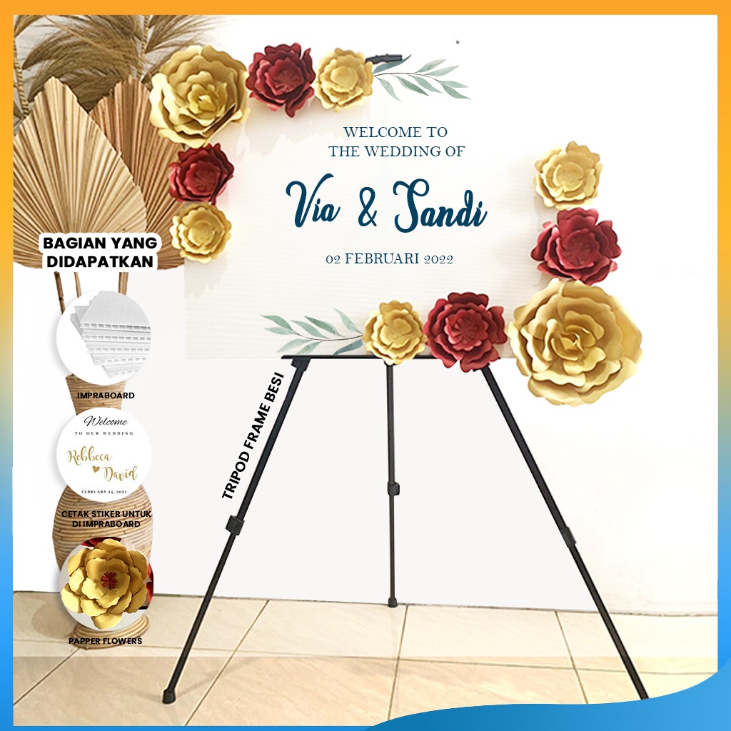Standing Tripod Besi Kayu Plus Papan Bunga Kertas 60x80 cm Tema 2 - Karangan Bunga Papan Dekorasi Uc