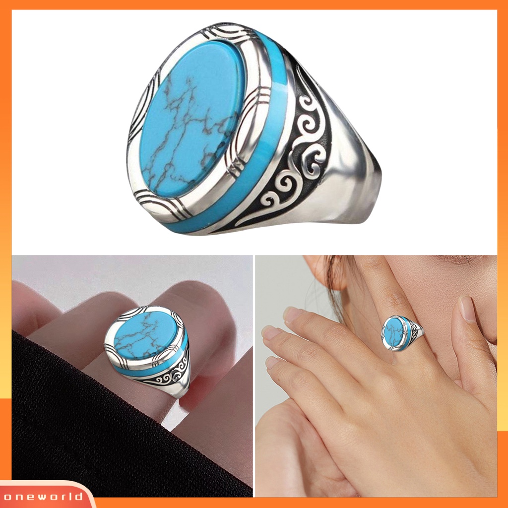 Perhiasan Cincin Pria Model Lebar Motif Ukir Hias Turquoise Imitasi Gaya Punk Retro