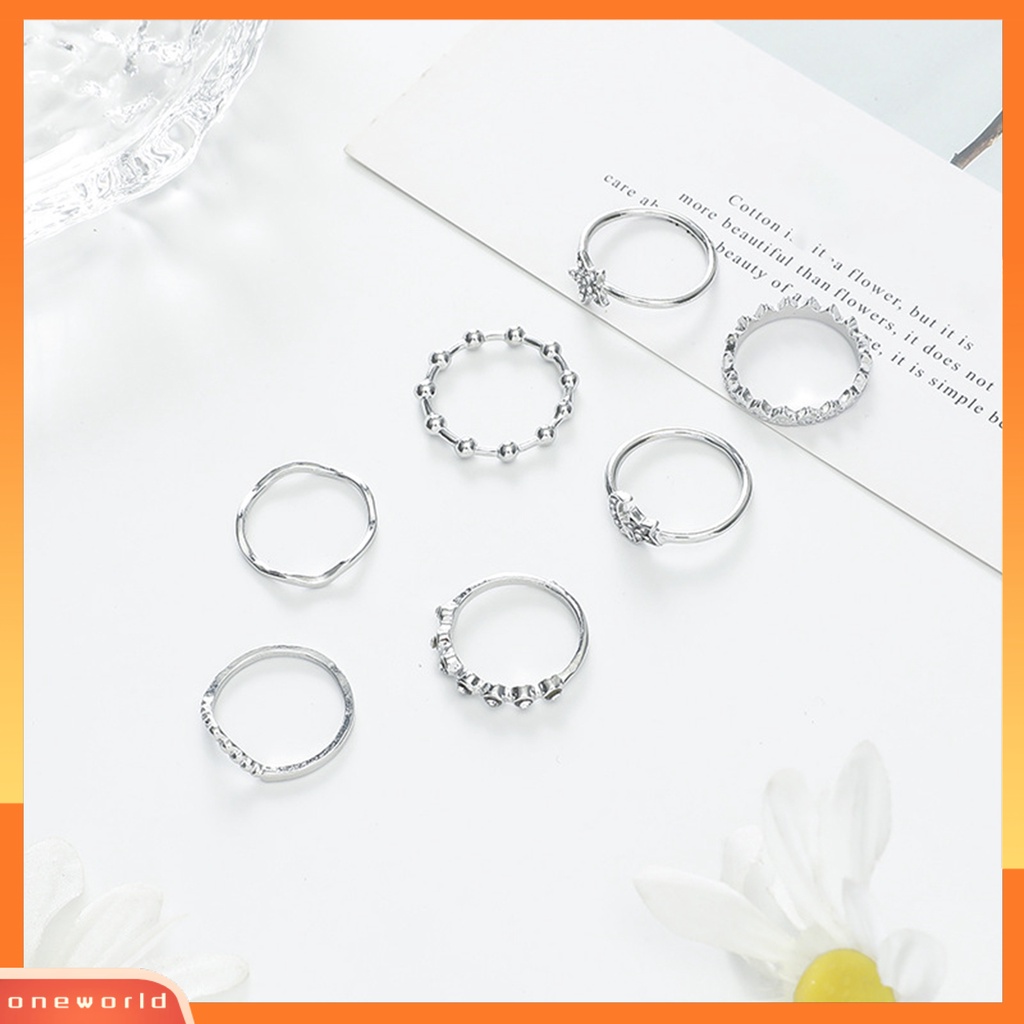 7 Pcs Cincin Geometris Bulan Bintang Aksen Berlian Imitasi Berkilau Untuk Wanita