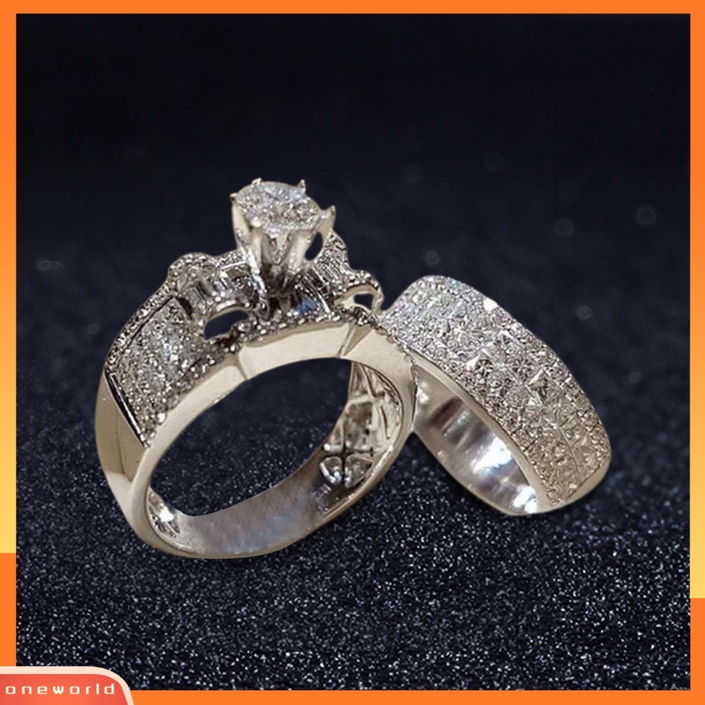 {oneworld} 2pcs/set Lebar Sederhana Cincin Pasangan Paduan Bertatahkan Berlian Imitasi Bersinar Pernikahan Band Perhiasan Fashion