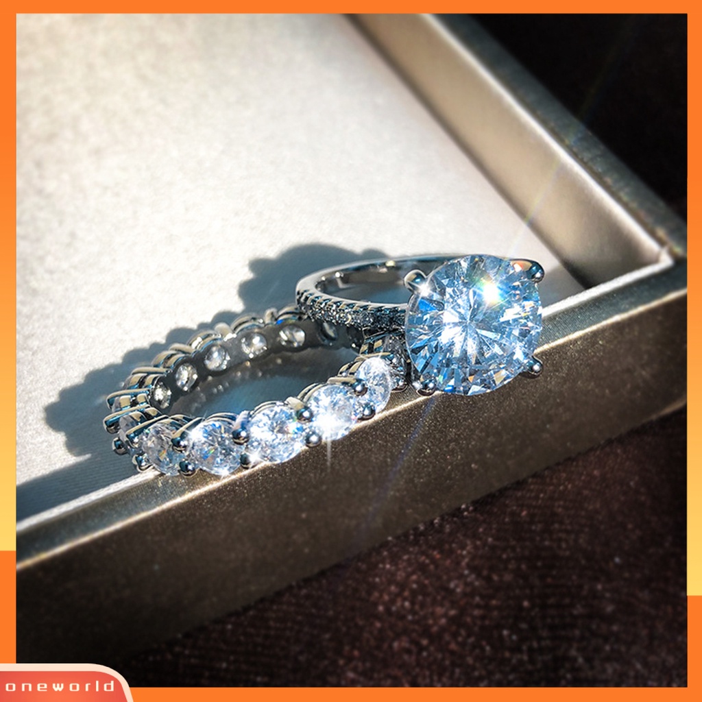 OW 2Pcs Rhinestone Inlaid Engagement Couple Rings Set Valentine Day Jewelry Gift