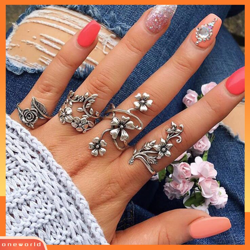 {oneworld} Vintage Flowers s Daun Jari Cincin Set Wanita Pesona Perhiasan Dekorasi