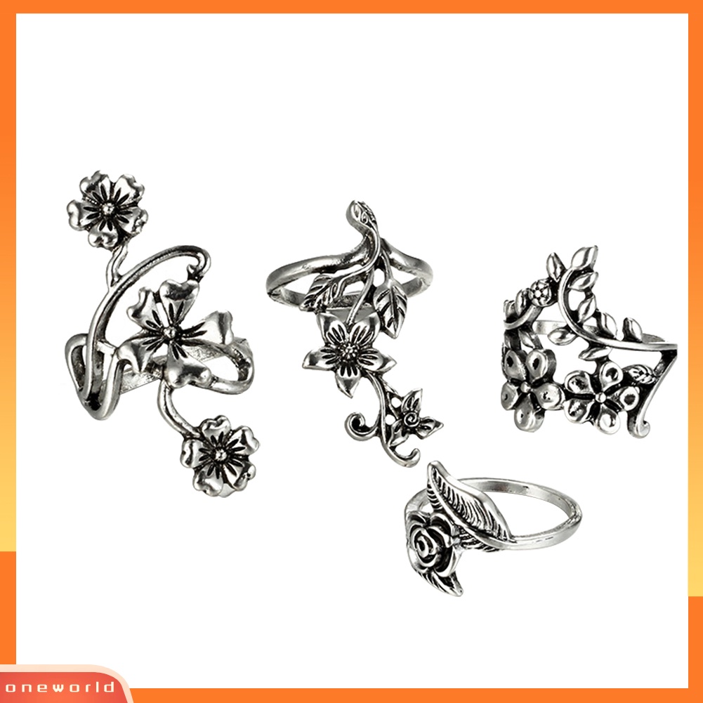 {oneworld} Vintage Flowers s Daun Jari Cincin Set Wanita Pesona Perhiasan Dekorasi