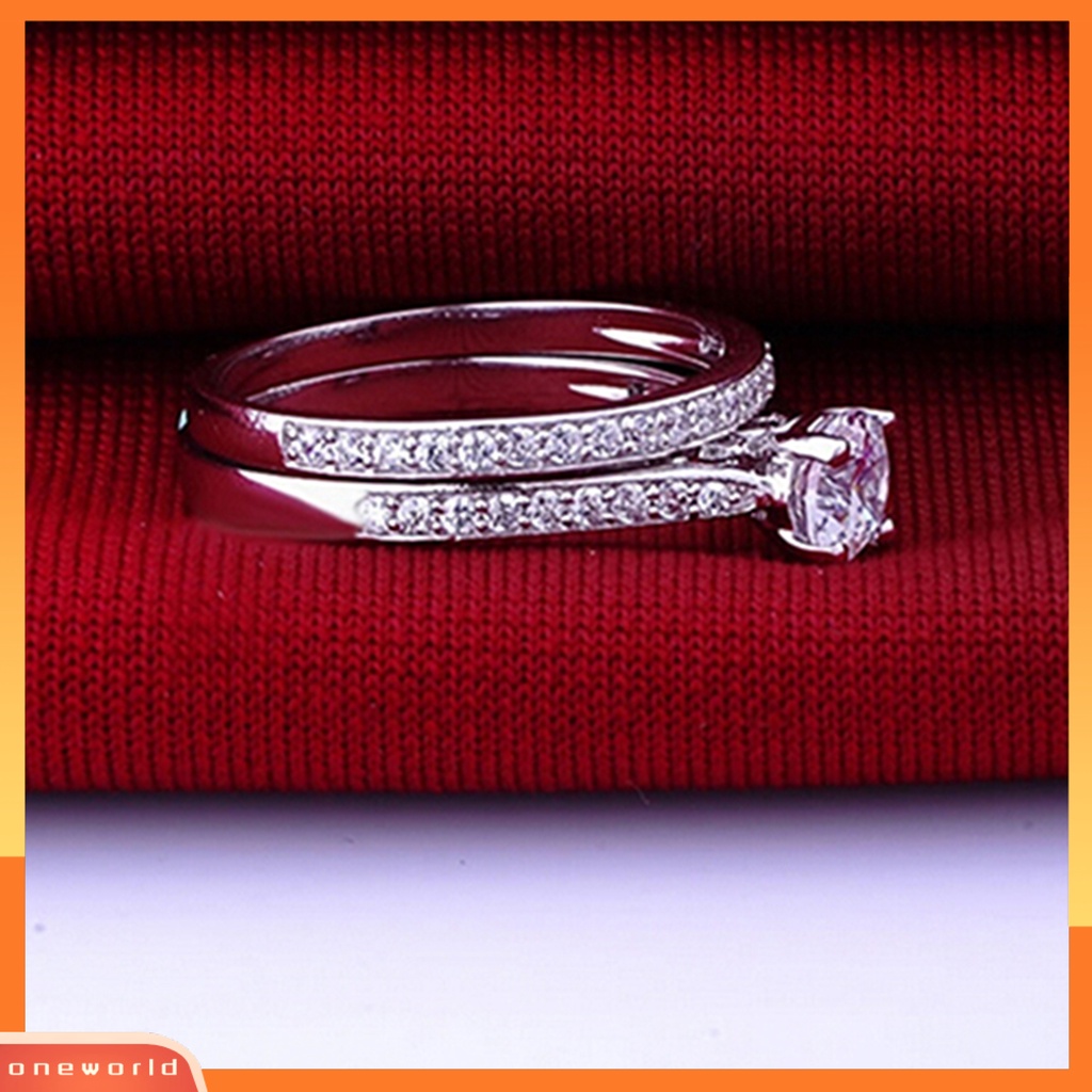 {oneworld} 2pcs/set Cincin Shiny Cubic Zirconia Plated Silver Cincin Jari Pasangan Romantis Untuk Pernikahan