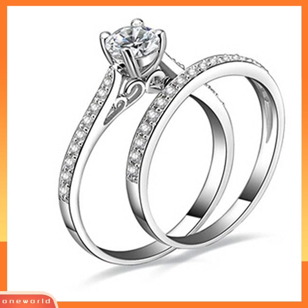 {oneworld} 2pcs/set Cincin Shiny Cubic Zirconia Plated Silver Cincin Jari Pasangan Romantis Untuk Pernikahan