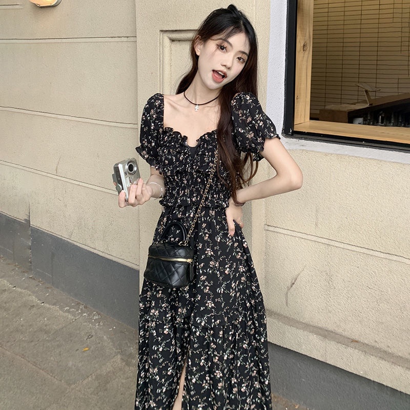 Red French square collar floral short-sleeve dress wanita musim panas 2023 baru mid-length suspender A-line skirt + outer cardigan