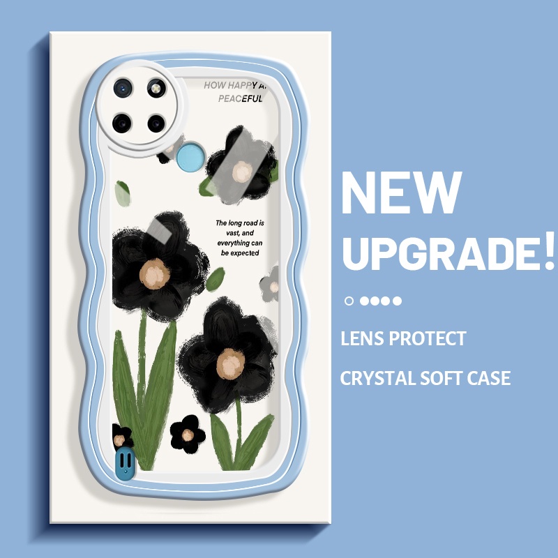 Casing Ponsel untuk Realme C21 C21Y C25Y C15 Casing telepon anti guncangan pola bunga hitam hp penut