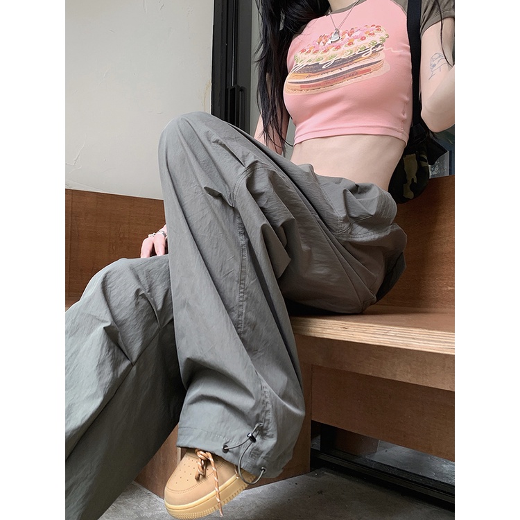 Red Gaya Amerika Overall Kasual Celana Wanita Musim Panas Baru Pinggang Tinggi Tali Retro Tabung Lurus Menggantungkan Lebar Kaki Celana longgar Celana