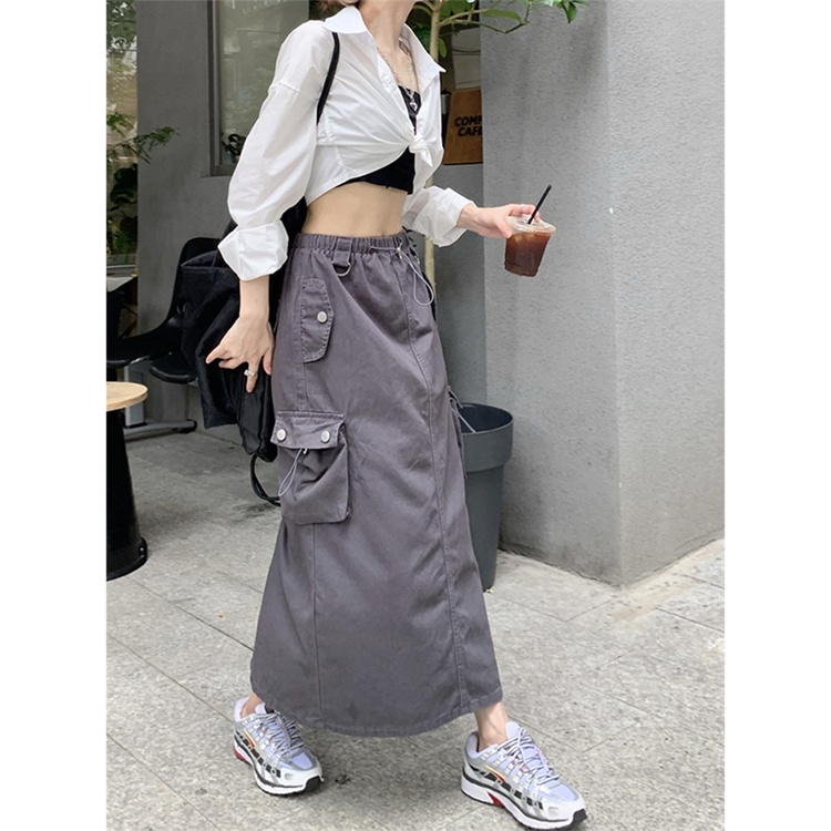 Red American retro hitam serut tooling rok wanita musim panas baru celah pinggang tinggi longgar A-line rok rok panjang