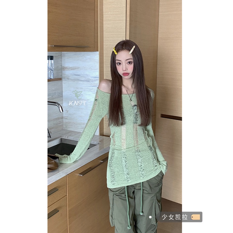 Red Blus sweter rajut berongga hijau tanpa tali musim panas Desain Prancis sweater lengan panjang babes atasan satu bahu wanita