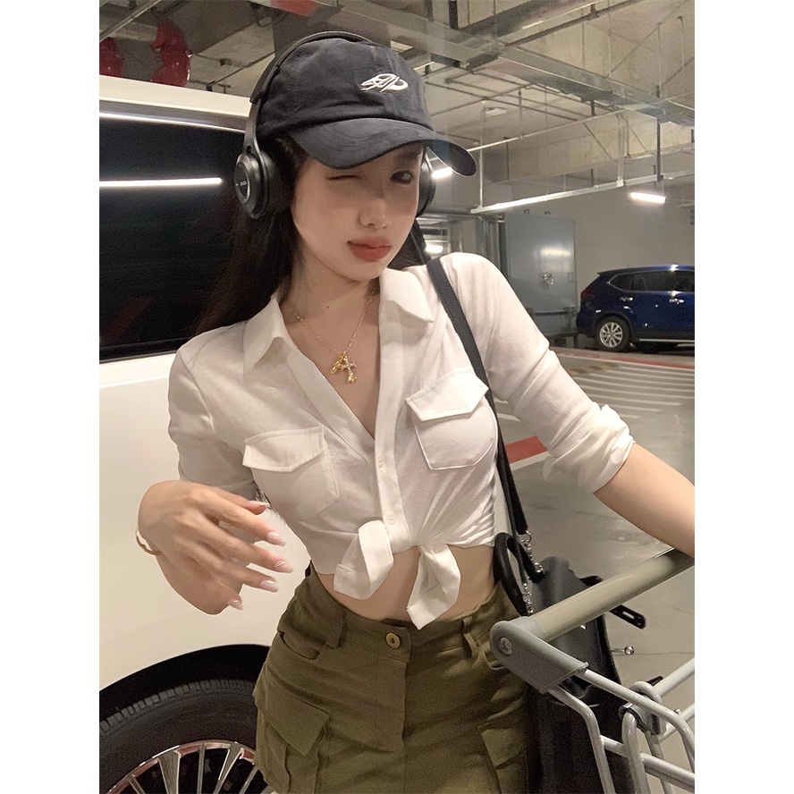 Red Design sense sweet and spicy pure desire short shirt female summer new American long-sleeve hot girl sexy white waist top