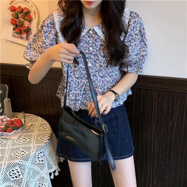 Red Setelan dua potong Korea lengan engah angin lembut French floral boneka kerah kemeja pinggang + rok denim musim panas