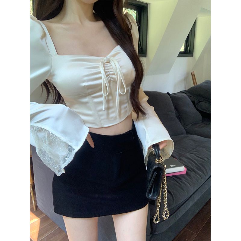 Red French satin shirt female design sense niche shirt spring short square collar fishbone waist temperamen atasan lengan panjang