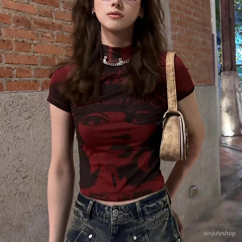 [✅BISA COD] #Sisjuly# Kaos oblong lengan pendek Y2k wanita / kaos oblong ramping merah retro / kaos