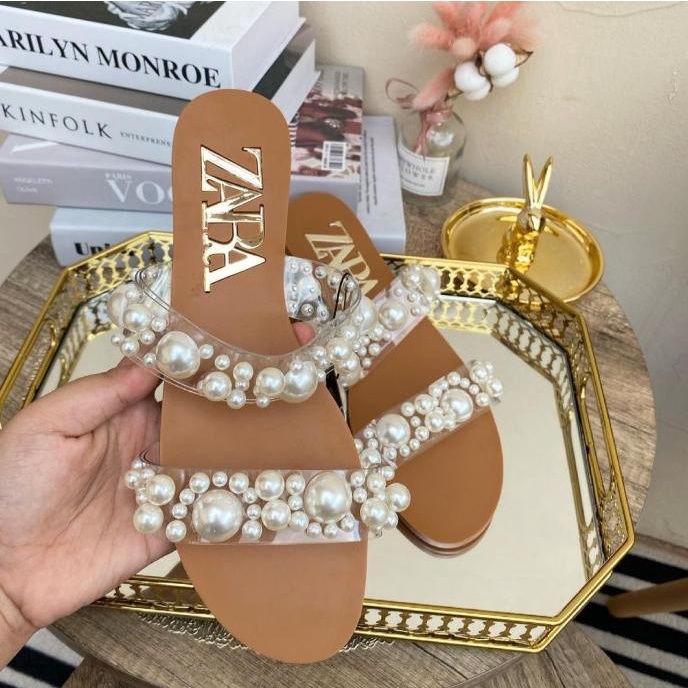 Promo Zara pearl flat double strap sandal SANDAL IMPORT WANITA ORIGINAL