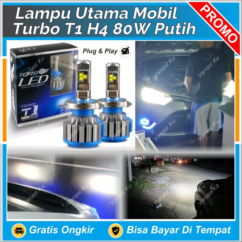 LAMPU MOBIL TURBO H4 T1 UTAMA DEPAN BESAR LED SUPER TERANG 80 WATT PUTIH HEMAT DAYA KIJANG INNOVA TE