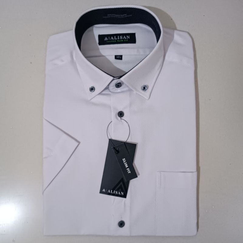 Alisan Kemeja Pria Dobby Putih Kancing Hitam Dalam Bintik Lengan Pendek Slimfit