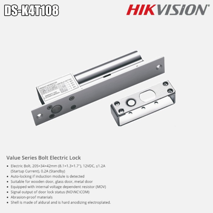 Value Series Bolt Electric Lock Hikvision DS-K4T108