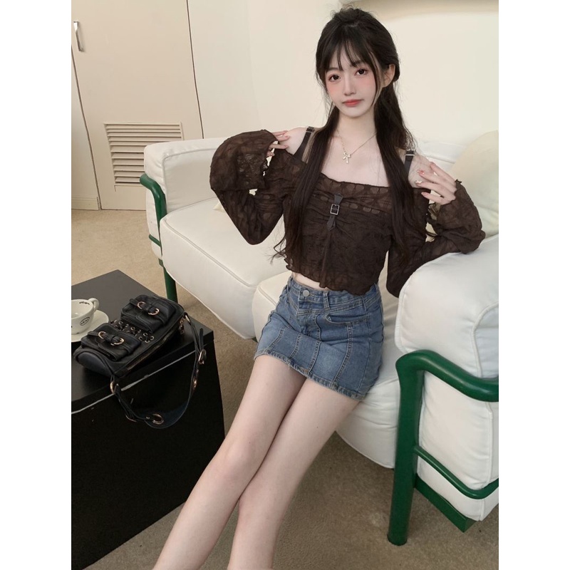 Red LRUPPG murni keinginan angin suspender satu bahu kemeja wanita musim panas gaya baru ceruk gadis panas pendek atasan lengan panjang