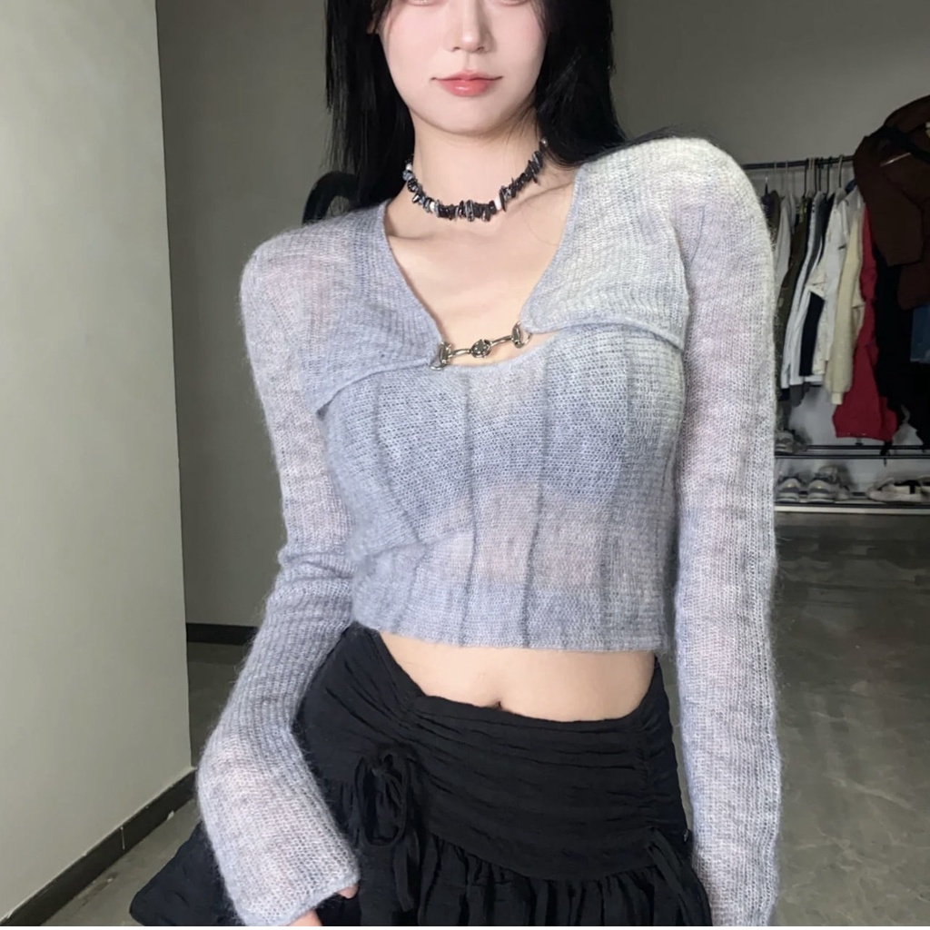 Red Jas dua potong/satu potong musim semi baru slim-fit rajutan sweater bertali selendang wanita Perancis pendek chic top