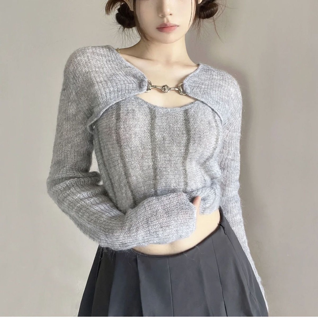 Red Jas dua potong/satu potong musim semi baru slim-fit rajutan sweater bertali selendang wanita Perancis pendek chic top