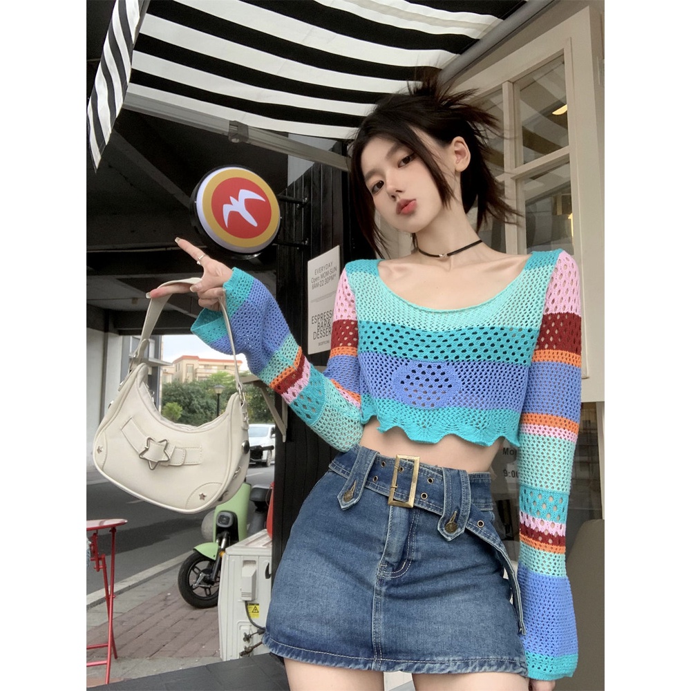 Red Design sense color contrast hollow short section navel knitwear summer fashion hot girl slim slim sunscreen tops fashion wanita