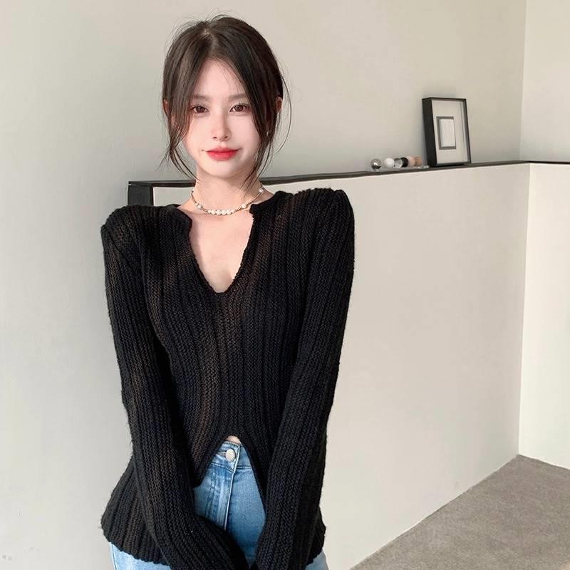 Red Pure desire sweet hot girl v-neck knitted bottoming shirt women awal musim semi chic design sense outerwear jacket niche sweater jacket