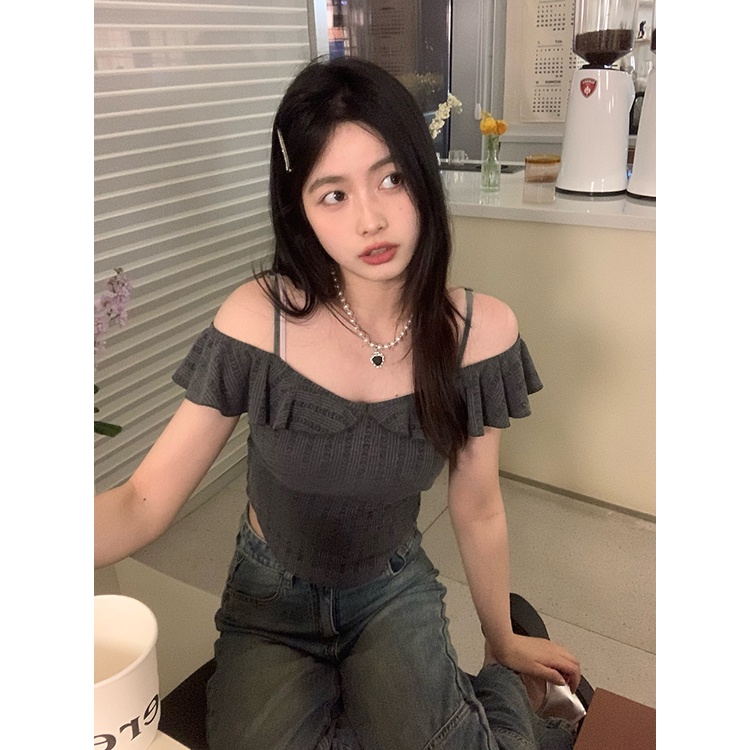 Red Musim panas satu bahu t-shirt wanita tingkat tinggi rasa desain tidak teratur rasa keinginan murni pembudidayaan diri jamur sisi kemeja off-shoulder top
