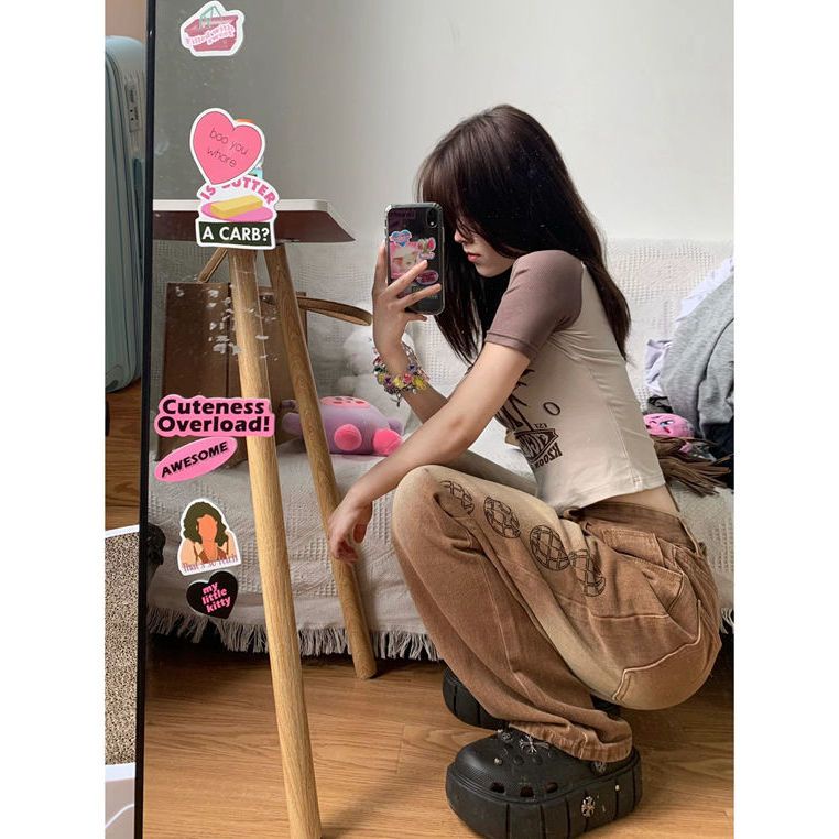 Red American street print jeans female fat mm design sense all-match loose high waist straight casual mopping wide-leg pants