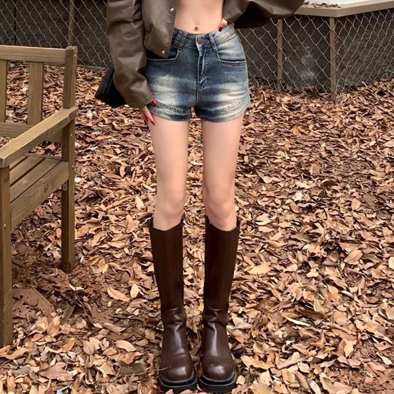 Red Retro hot gadis tinggi pinggang celana pendek denim tipis wanita musim panas baru all-match versi Korea ramping dan manis dari in tren celana panas