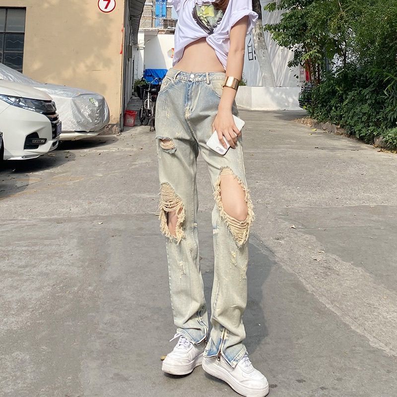 Red New hot girl ripped straight jeans female vibe high waist high street tide ins pengemis kepribadian hiphop fried street