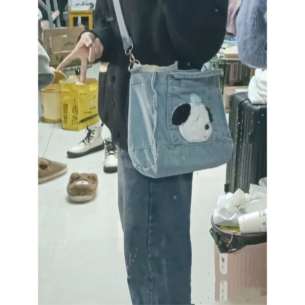 ∈№Sera  Niche Design Cute Puppy Plush Canvas Bag Denim Shoulder Bag Campus Style Oxford Cloth Casual Bag