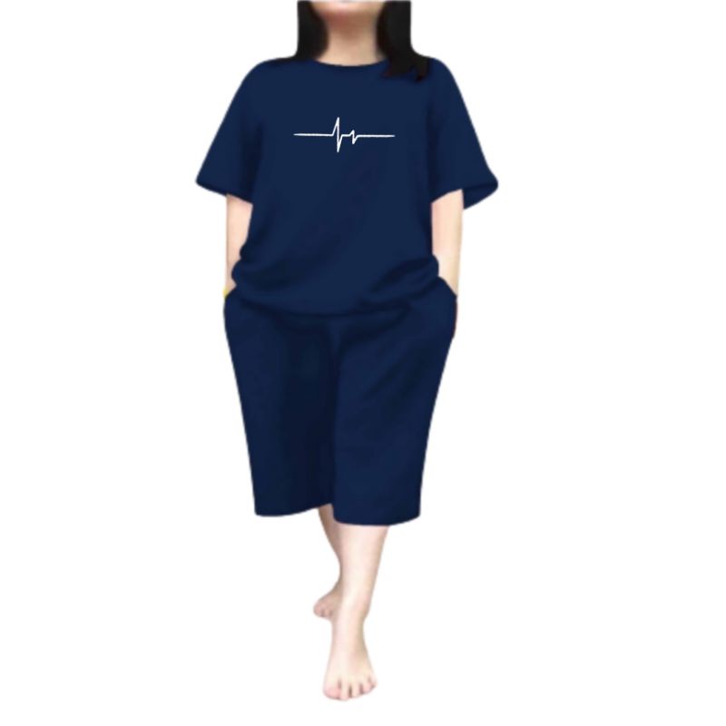 Setelan Kaos Wanita Celana Pendek 3/4 Terbaru 2023 One Set Wanita Dewasa Kekinian Viral Jantung