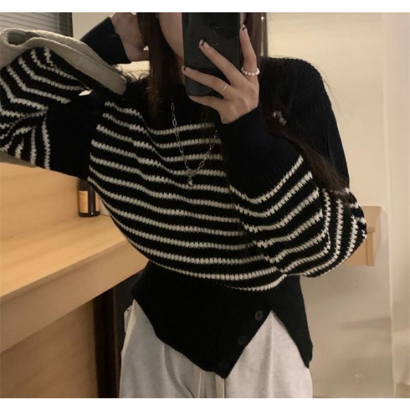 Stripe Knit Blouse Import rajut