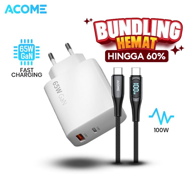 Acome Bundling Hemat Charger Gan 65W Dual Port Fast Charging (Acg65) + Kabel Data 100Cm C To C 100W 