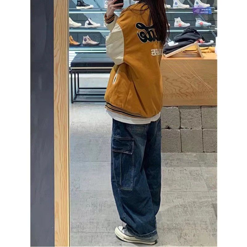 Red Blue jeans wanita musim panas 2022 baru pinggang tinggi celana lurus longgar celana lebar kaki versi Korea dari celana trendi