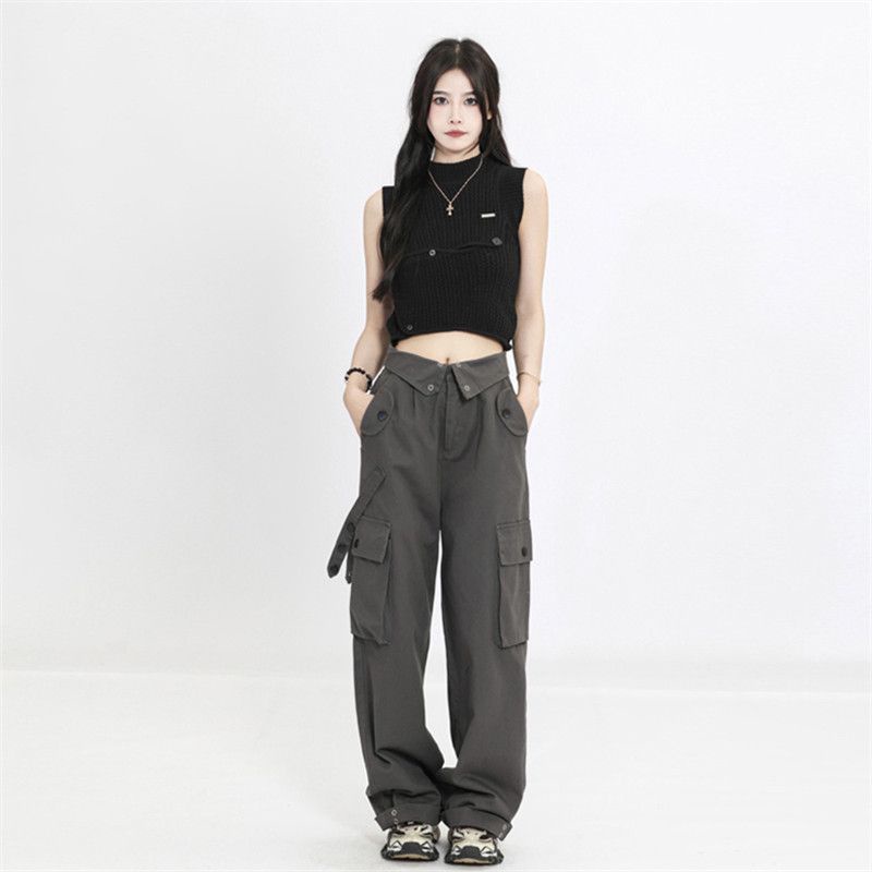 Red Amerika overall wanita musim panas jalan flap pinggang multi-saku desain all-match hot gadis lurus celana kasual pasang