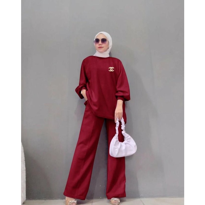 SETELAN RONA BAJU WANITA BAHAN RAJUT IMPORT DAN CELANA PANJANG MUSLIM