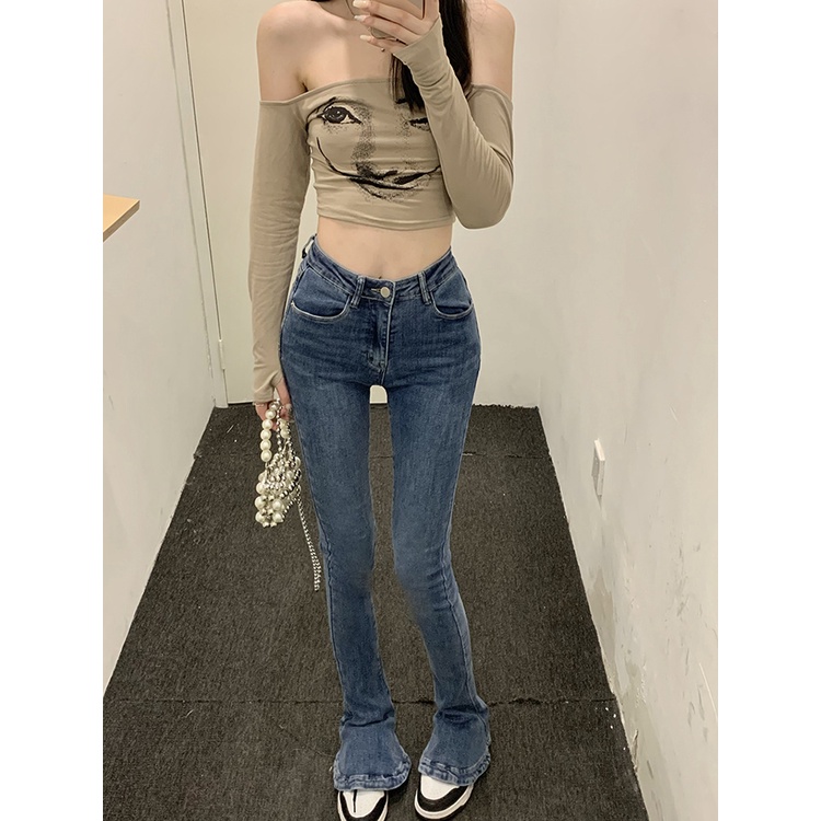 Spice Girls High Waist Slim Black Jeans Wanita Musim Panas Retro Slim Kaki Horseshoe Celana Mikro Berkobar Celana Panjang