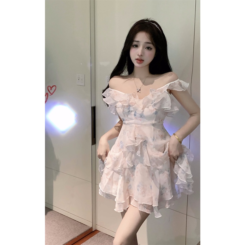 ﹍Sweet Spice Girl Floral Ruffles Sling Dress Peri Musim Panas Kecil Segar Rok Pinggang Slim Slim Rok