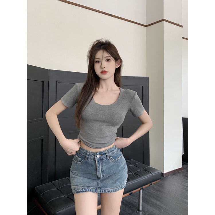 ☌#COD Suhao pink manis hot gadis bahu depan lengan pendek T-shirt wanita musim panas keinginan murni angin u-neck seksi ketat slim top pendek