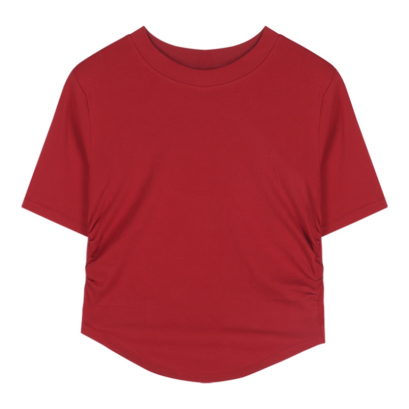 ☁﹉#COD Suhao red hot girl T-shirt lengan pendek wanita musim semi pinggang pendek rasa desain niche slim fit top bottoming shirt