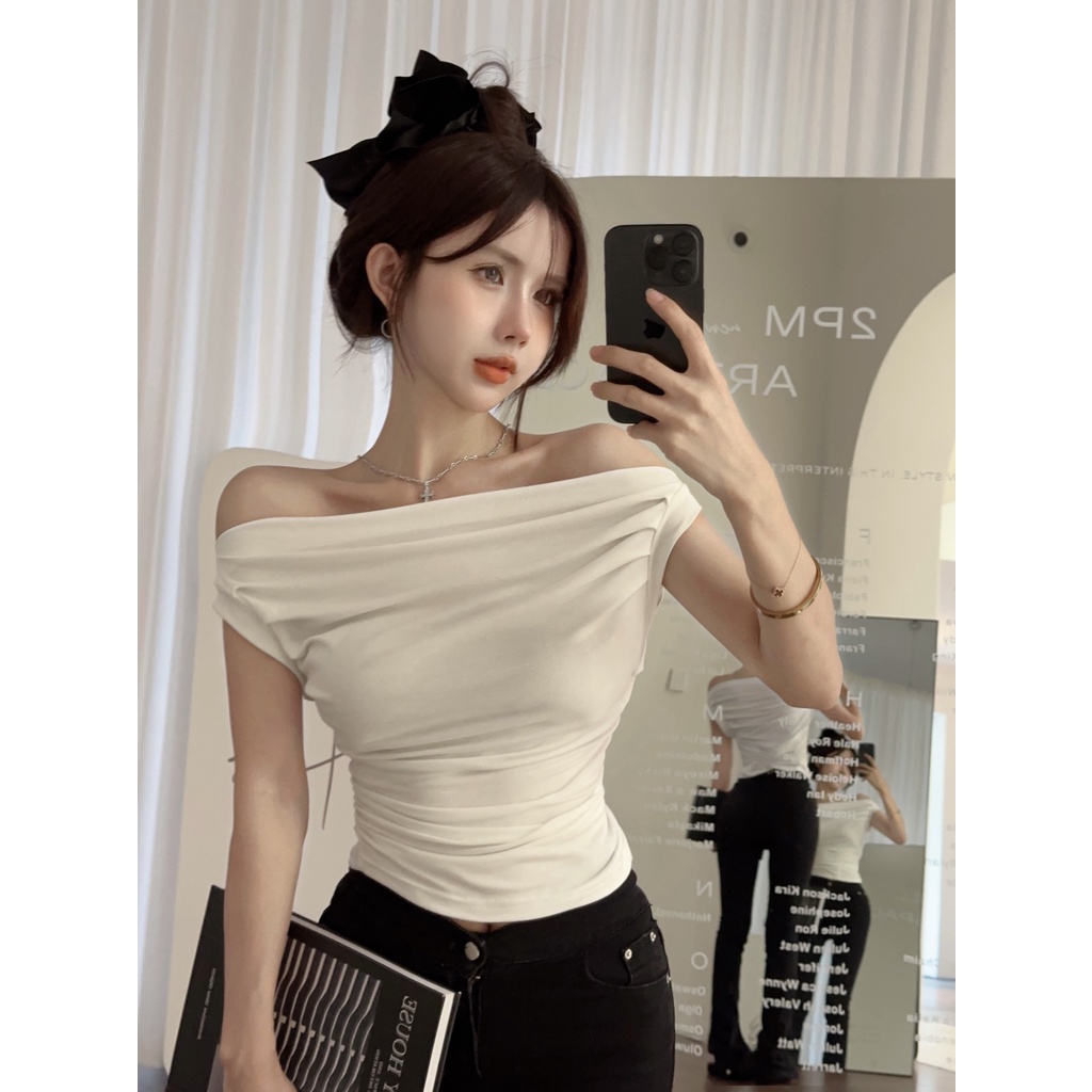 ◎☍۩#COD Suhao hot girl one-shoulder lengan pendek t-shirt wanita musim panas off-the-shoulder lipatan seksi desain chic atasan pendek