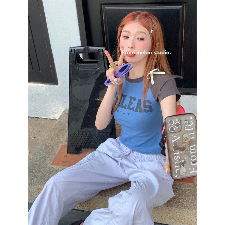 ○#COD Suhao Letter Printing Lengan Pendek T-shirt Wanita Musim Panas Baru Gadis Panas Desain Warna Yang Sesuai dengan High Waist Slim Slim atasan Pendek