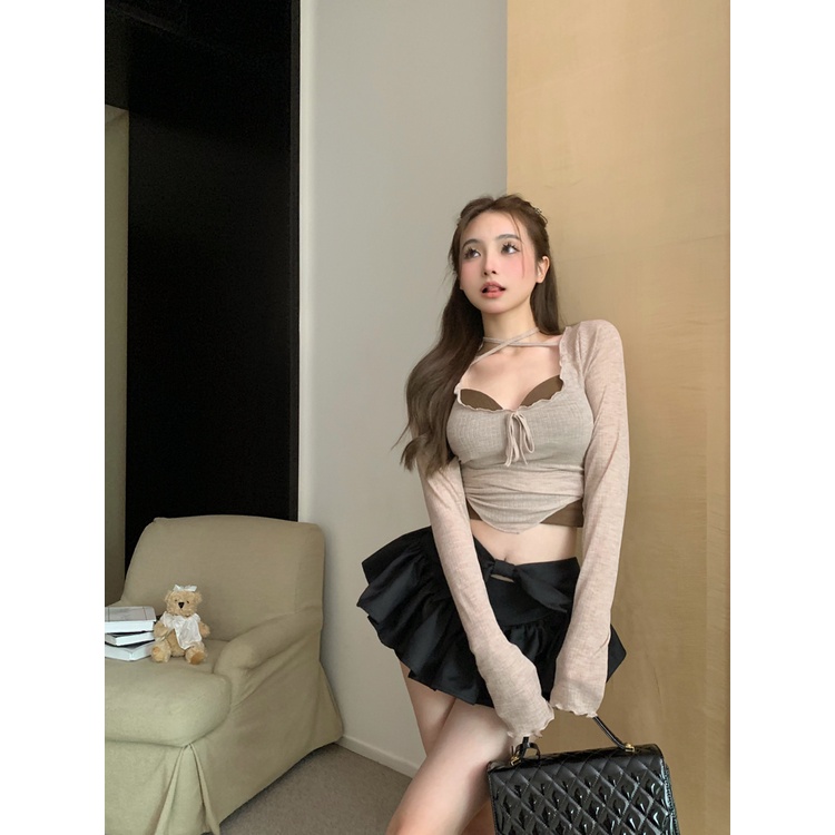 ◐☾#COD Suhao Ballet Style Lengan Panjang Tabir Surya Blus Atasan Kamisol Setelan Musim Panas Wanita Seksi Berbulu Rok Set Tiga Potong