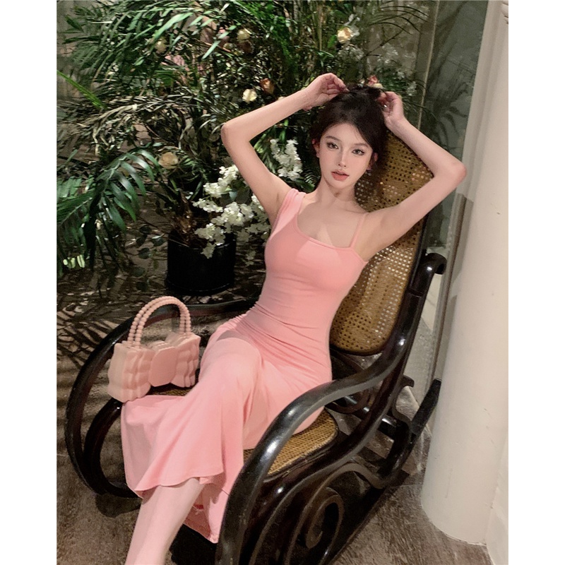 ☜☃#COD Suhao Gaya perancis tali selempang gaun dengan bantalan dada wanita musim panas pinggang seksi tas pinggul rok putri duyung temperamen high-end mid-panjang rok