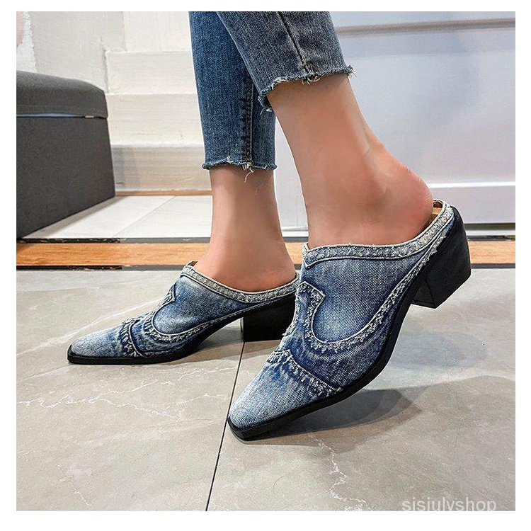 [✅BISA COD] #Sisjuly# Sandal wanita / sepatu kain denim bertumit tinggi ujung persegi kecil baru / s