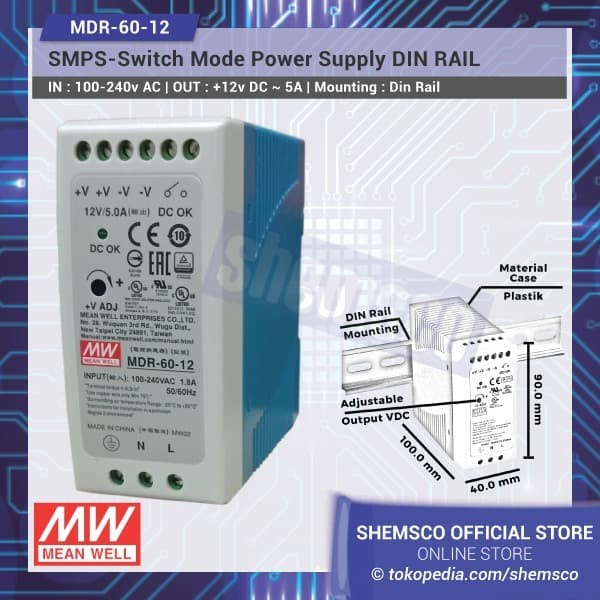 Terlaris Smps Meanwell 12V 5A Switching Power Supply Psu Mean Well Mdr-60-12