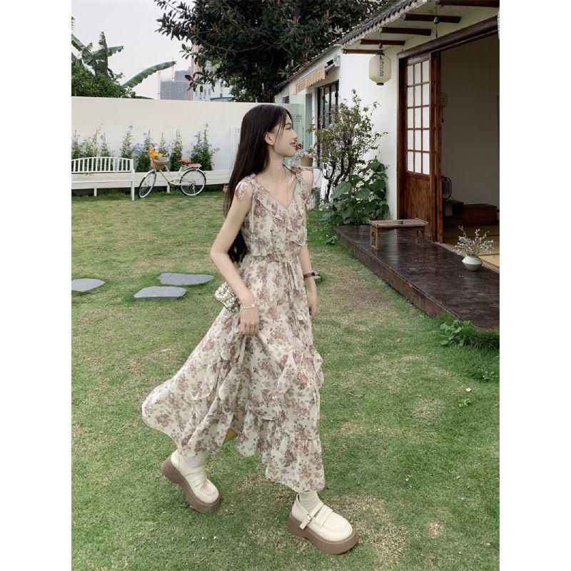 dress floral korea Rok Suspender Elegan Kerutan Prancis+Gaun Kardigan Wanita, Rok Setelan Musim Pana