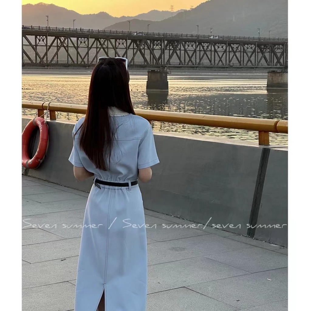 【Freesia】Gaun Lengan Pendek Kasual Kerah Boneka Musim PanasAGaun Versi Warna Solid Wanita midi dress